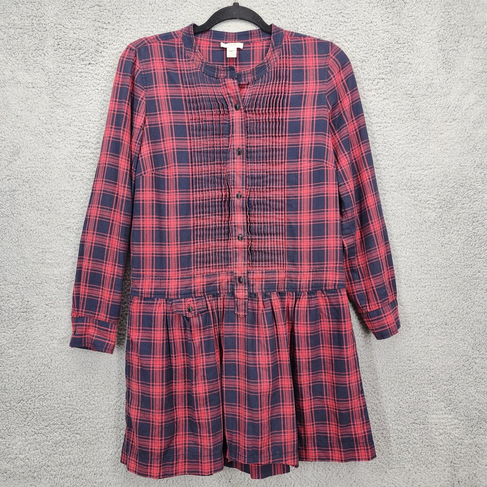 J Crew Red Navy Plaid Button‎ Front Pleated Drop Waist Shirt Dress Size 0